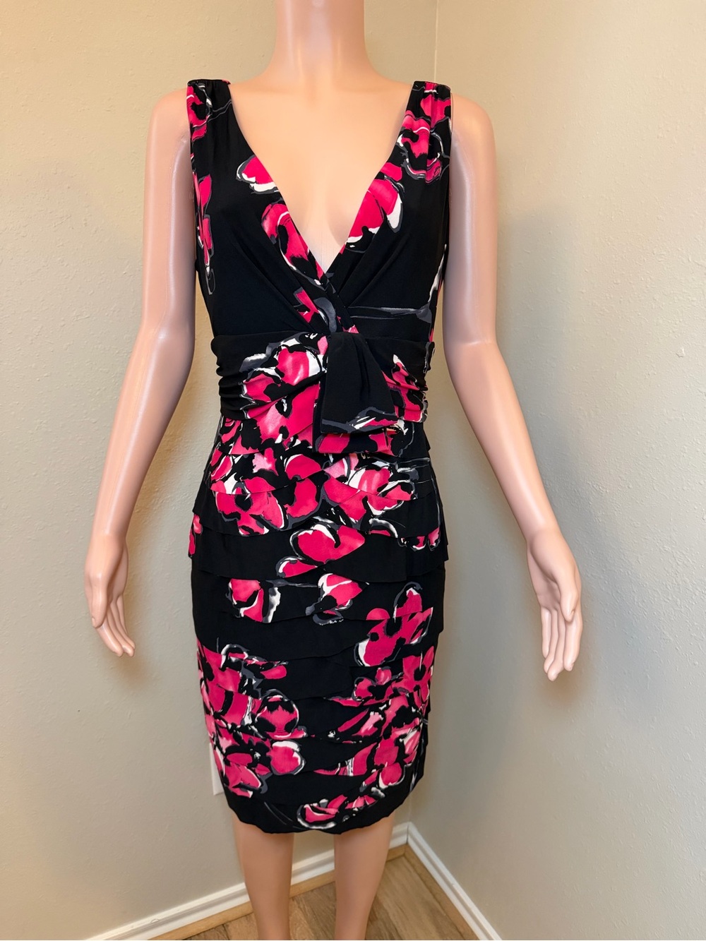 Jones New York Black Midi Dress with Hot Pink Floral Print
